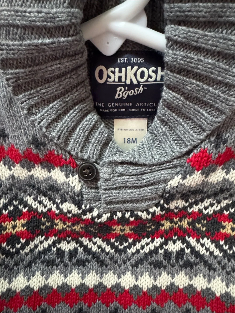 OshKosh B'gosh Gray Turtleneck Fair Isle Sweater with Red and Cream Accents